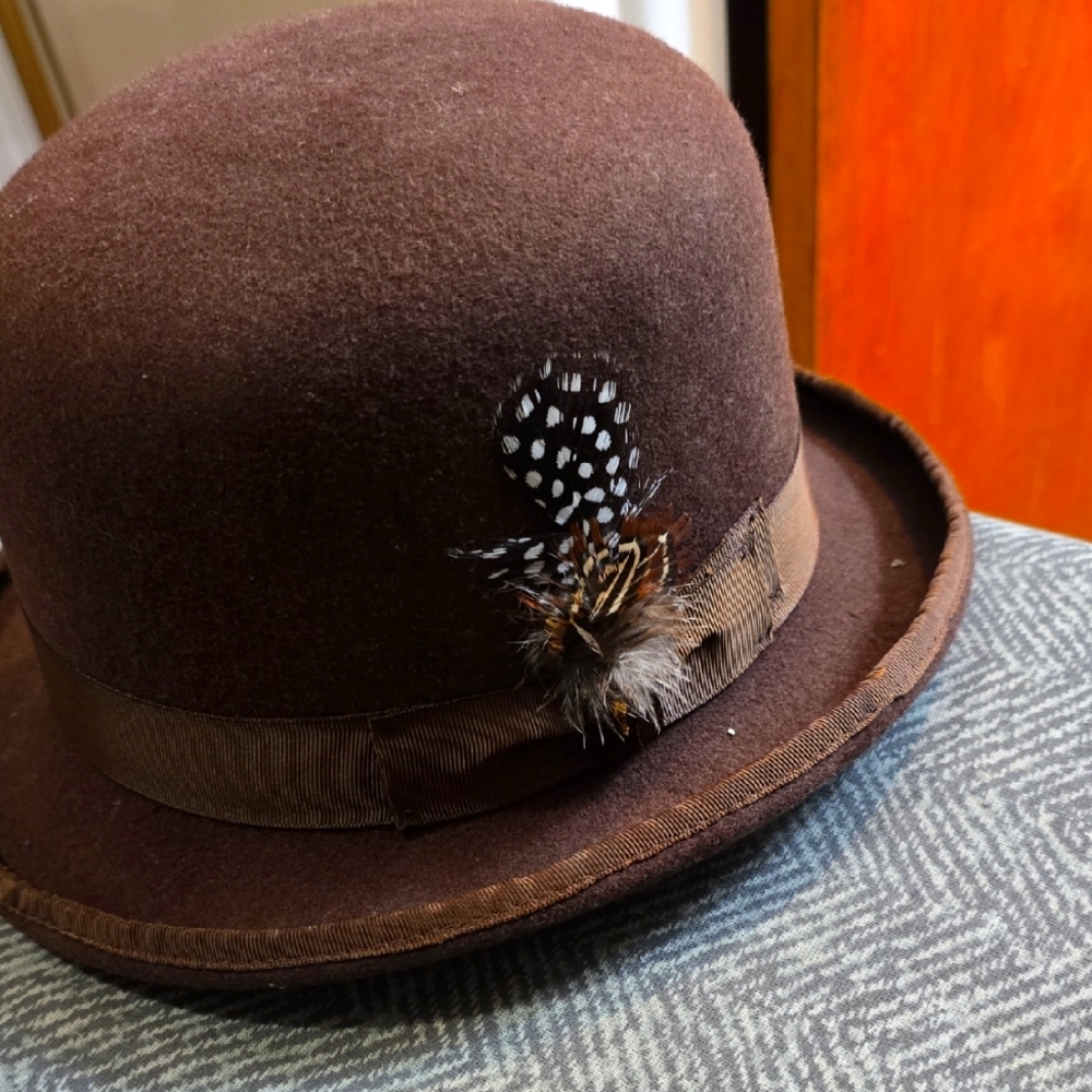 Brown Bowler Hat with Feather Accent